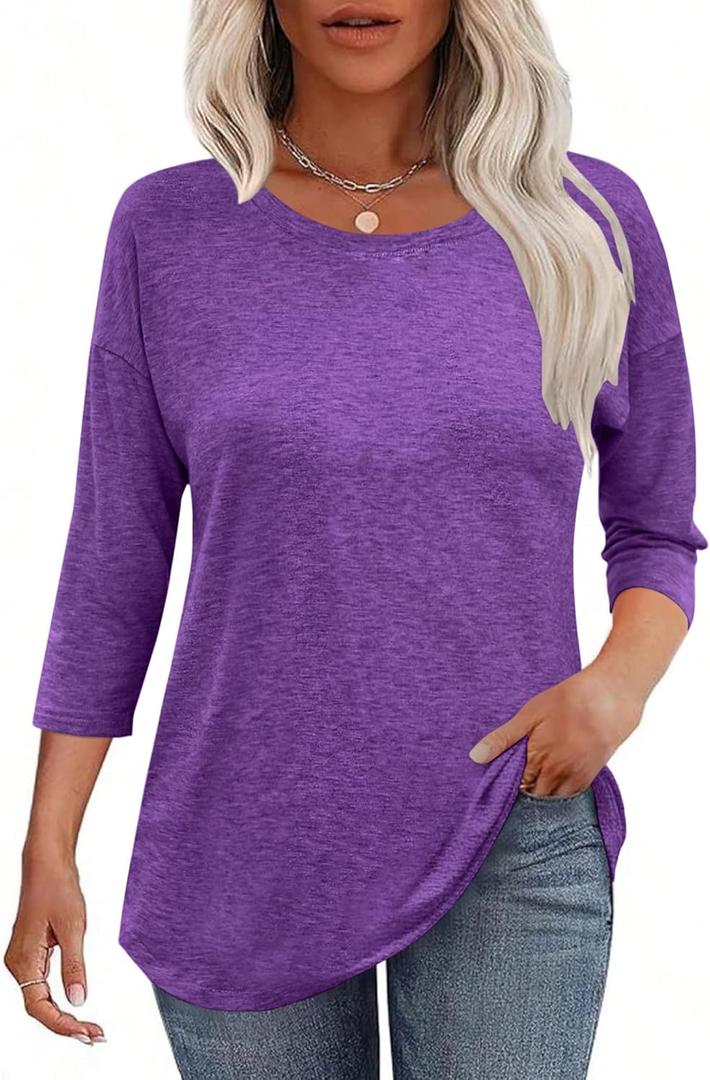 Kancystore Womens 3/4 Length Sleeve Tops Casual Loose Fit Tunic Shirts Crewneck Basic Tees (Purple)