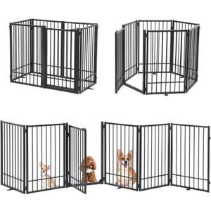 SMONTER Free Standing Dog Gate with Door Walk Through, 120'' Extra Wide Indoor Dog Fence, 31.5'' Height 6 Panels Foldable Metal Pet Puppy Gate for Stairs, Hallways, Doorway (Black)