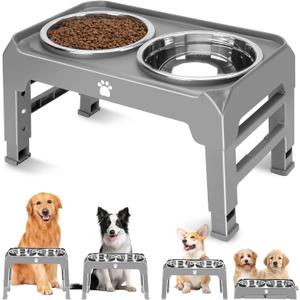 Elevated Raised Dog Bowl Stand with 2 Stainless Steel Bowls, Adjustable Height for Medium Large Dogs, 12.36" - 3.7" Foldable Feeder, Grey
