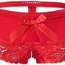 PERAMBRY Women's Lace Stretch Sexy Thong Bikini Panties Bow Tie Breathable Fashionable 4 PCS, Medium