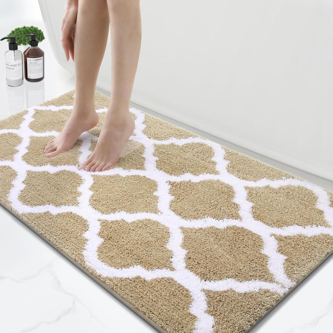 OLANLY Bathroom Rugs 47x24, Soft and Absorbent Microfiber Bath Rugs, Non-Slip Shaggy Shower Carpet, Machine Wash Dry, Bath Mats for Bathroom Floor, Tub and Shower, Beige