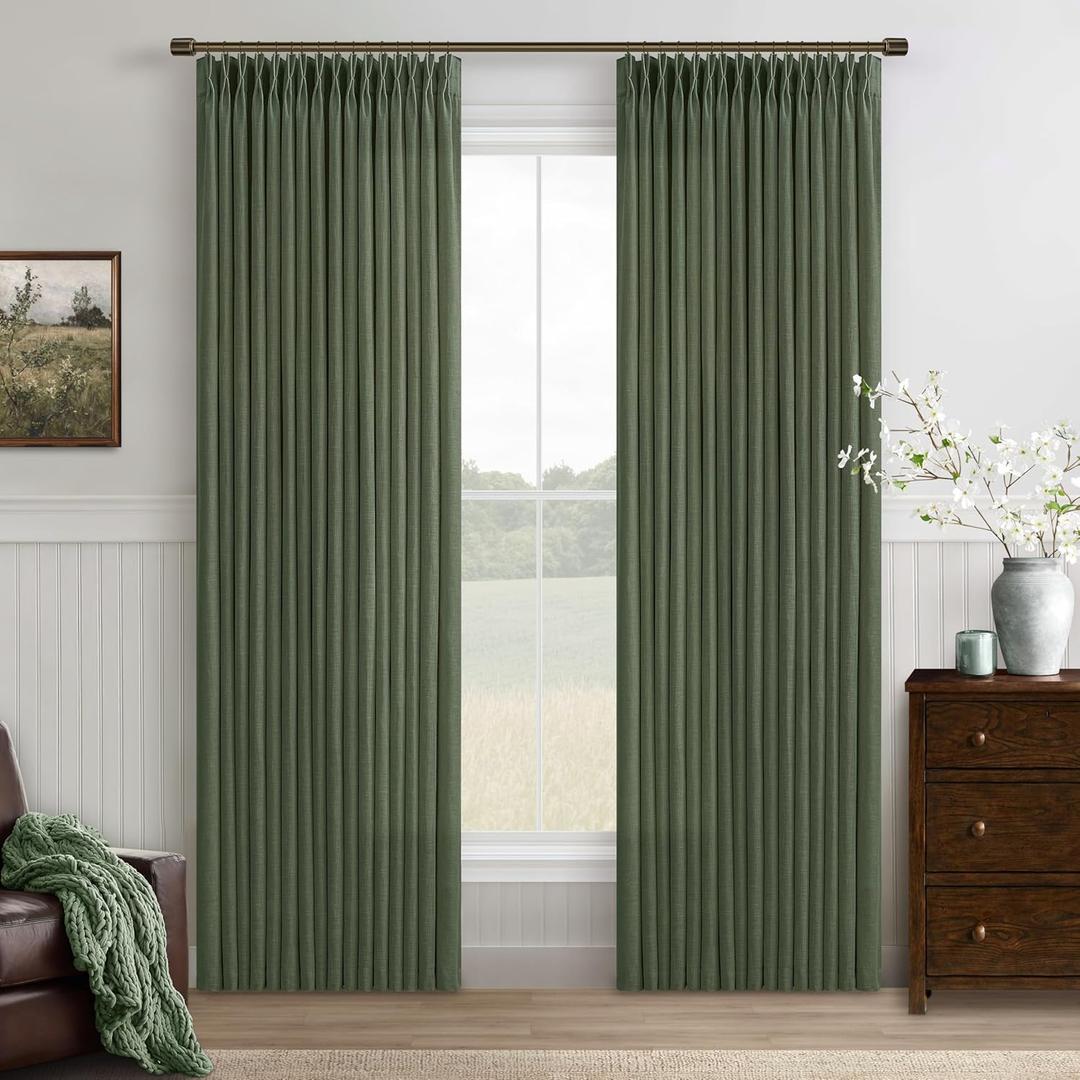 Green Pleated Linen Curtains 96 Inches Long for Living Room 2 Panel Set Semi Sheer Light Filtering Pinch Pleat with Rings Hooks Drapes Farmhouse Rustic Olive Green Curtain Bedroom Window W50xL96
