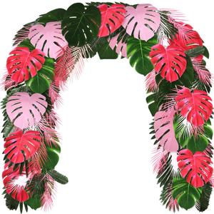 Giegxin 46 Pcs Tropical Artificial Palm Leaves Monstera Decoration Green Hot Pink Set for Flamingo Luau Hawaiian Aloha Theme Party Summer Beach Tropical Birthday Baby Shower Wedding Decor(Pink)