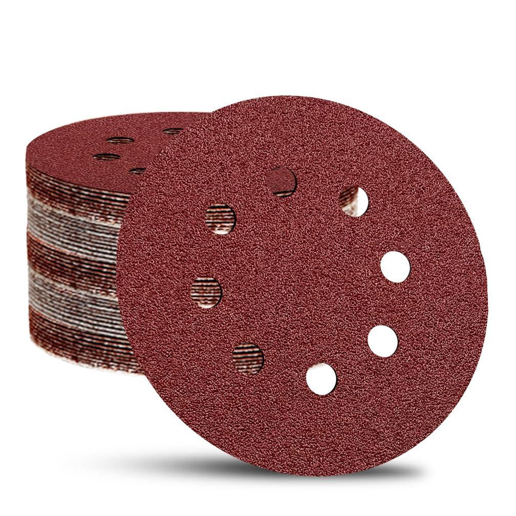52 Pack 5 Inch 8-Hole Hook and Loop Sanding Discs Sandpaper Red Round 120 Grit Sandpaper for Random Orbital Sander