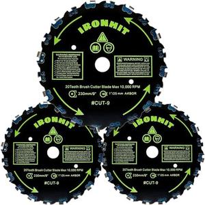 IRONHIT 9" x 20T Chainsaw Brush Cutter Blades, WeedEater Blades, Brush Cutter String Trimmer Blades, 1"/25MM Arbor(3 Blades)