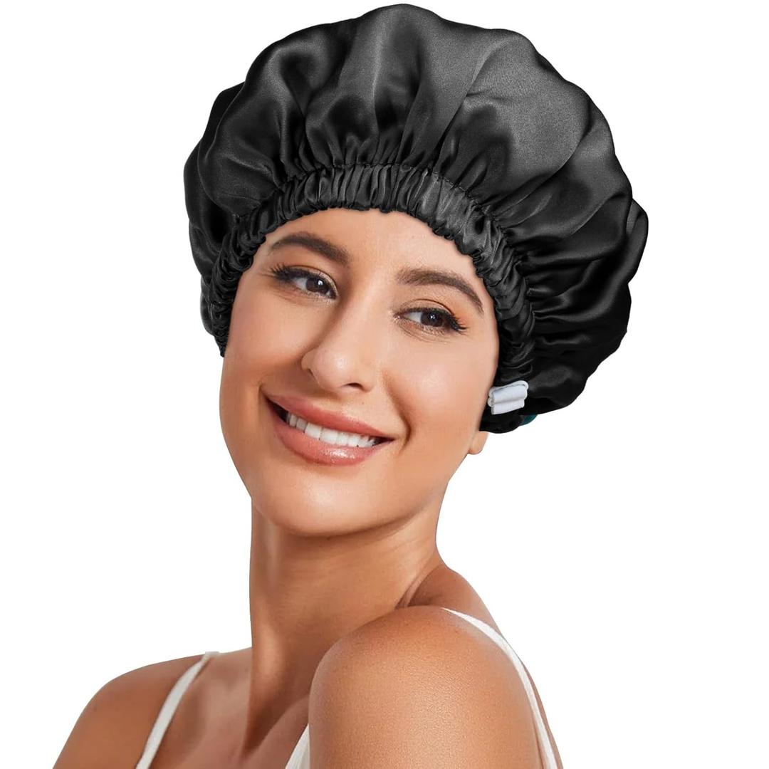 Necole 22 Momme 100% Mulberry Double Silk bonnet for sleeping women Double Layer lined Stay On Head for Hair Care with adjustable elastic Band Non-Slip Silk Turban Curly Hair silk hair cap Black
