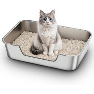 Stainless Steel Cat Litter Box with Low Entry, Large Metal Kitty Litter Box for Senior or Injured Cats, Odor-Free, Non-Stick, Easy to Clean, 23.4"x15.6"x5.9", for Multiple Cats (Silver)