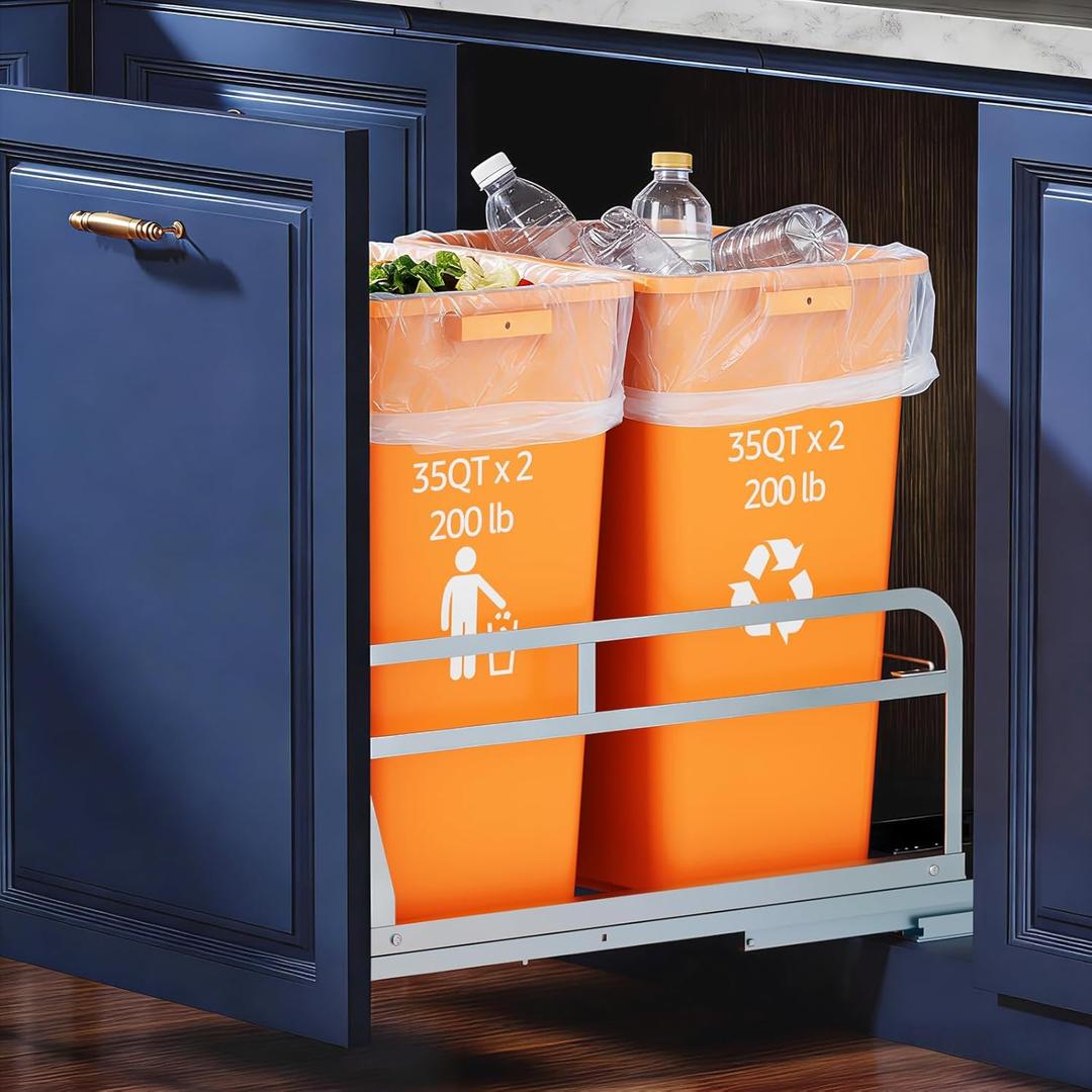 Double Pull Out Trash Can Under Cabinet, Heavy Duty Steel Frame