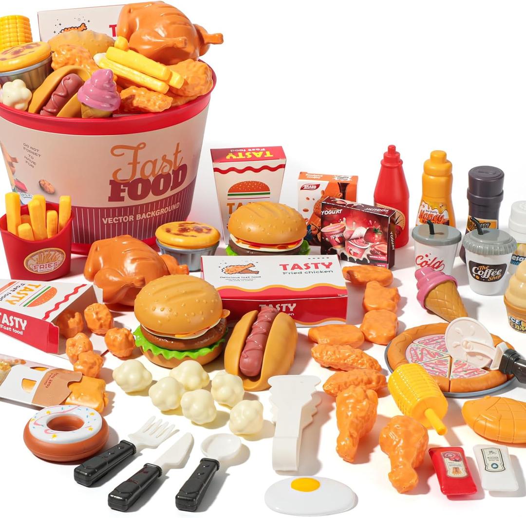 Hydeem 80 Pcs Pretend Play Food Toy for Kids Kitchen Aged 3 4 5, Fast Food Set with Storage Bucket, Pizza, Burger, Ice Cream, Hot Dog, Educational Birthday Toy Gift for Boys Girls