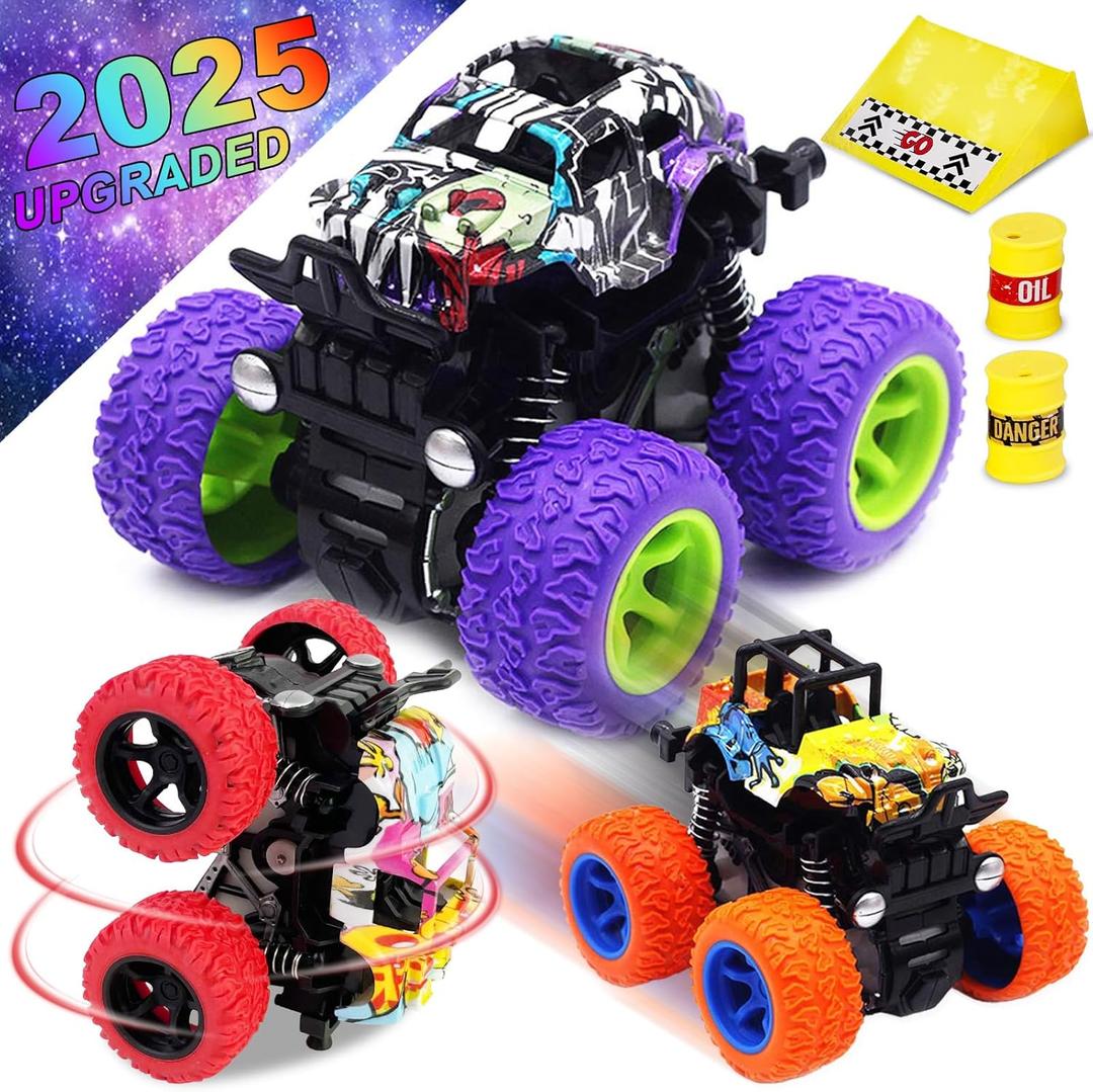 CozyBomB Monster Trucks Toys for Boys - Friction Powered 3-Pack Mini Push and Go Car Truck Playset for Boys Girls Toddler Aged 3 4 5 Year Old Gifts for Kids Birthday Christmas (Purple Red Orange)
