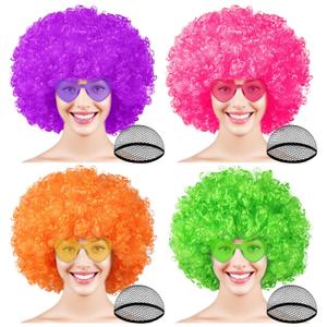 PLULON 4 Pack Colored Afro Wig with Heart Sunglasses Hair Cap for Women Men, Funny Curly Afro Wigs Disco Hippie Party Hairpieces for Halloween Costume Cosplay Party Carnival Music Festival Decor (Orange, Hot Pink, Green, Purple)