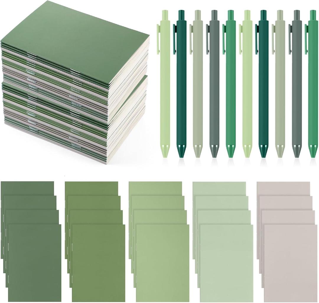 Eaasty 20 Set Mini Notebooks with Ballpoint Pens Bulk Small Pocket Notepads Gradual Color Composition Journals and Pens for School Supplies Writing Notebooks for Office(Green Series Colors)