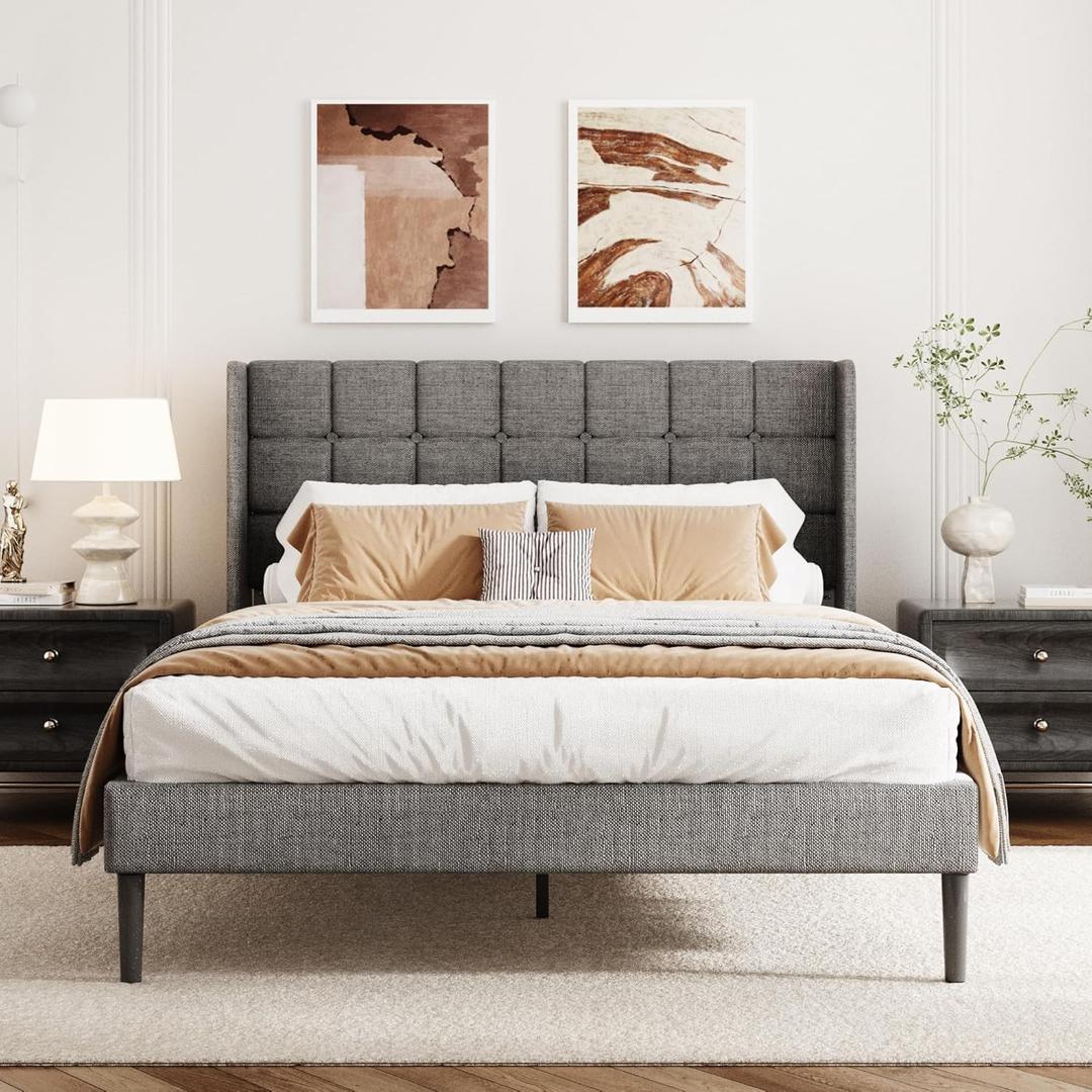 Queen Size Bed Frame with Wingback Headboard, Linen Upholstered Platform Bed Frame with Button Tufted Headboard, Wooden Slats Support, No Box Spring Needed, Easy Assembly, Dark Grey