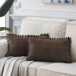 Fancy Homi 2 Pack Dark Brown Lumbar Decorative Throw Pillow Covers 12x20 Inch with Pom-poms for Couch Bedroom, Soft Corduroy Solid Rectangle Cushion Case 30x50 cm, Farmhouse Boho Home Decor