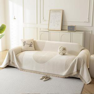 Boho Sofa Covers for 3 Cushion Couch, Chenille Sofa Slipcover for Pets Washable, L-Shape Sectional Loveseat Cover Soft Throw Blankets with Tassels(91x134, Arc Beige)