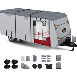 RV Cover for 14-16 ft Travel Trailers, 7 Layers Heavy Duty Camper Cover, Weatherproof & UV Resistant Motorhome Trailer Cover with Gutter & Tongue Jack Covers