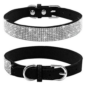 Haoyueer Rhinestone Dog Collar, Cute Dazzling Sparkling Soft Suede Leather Dog Cat Rhinestone Collar Crystal Diamond Pet Dog Puppy Collar(Black,L fit Neck 38-46 cm)Only1