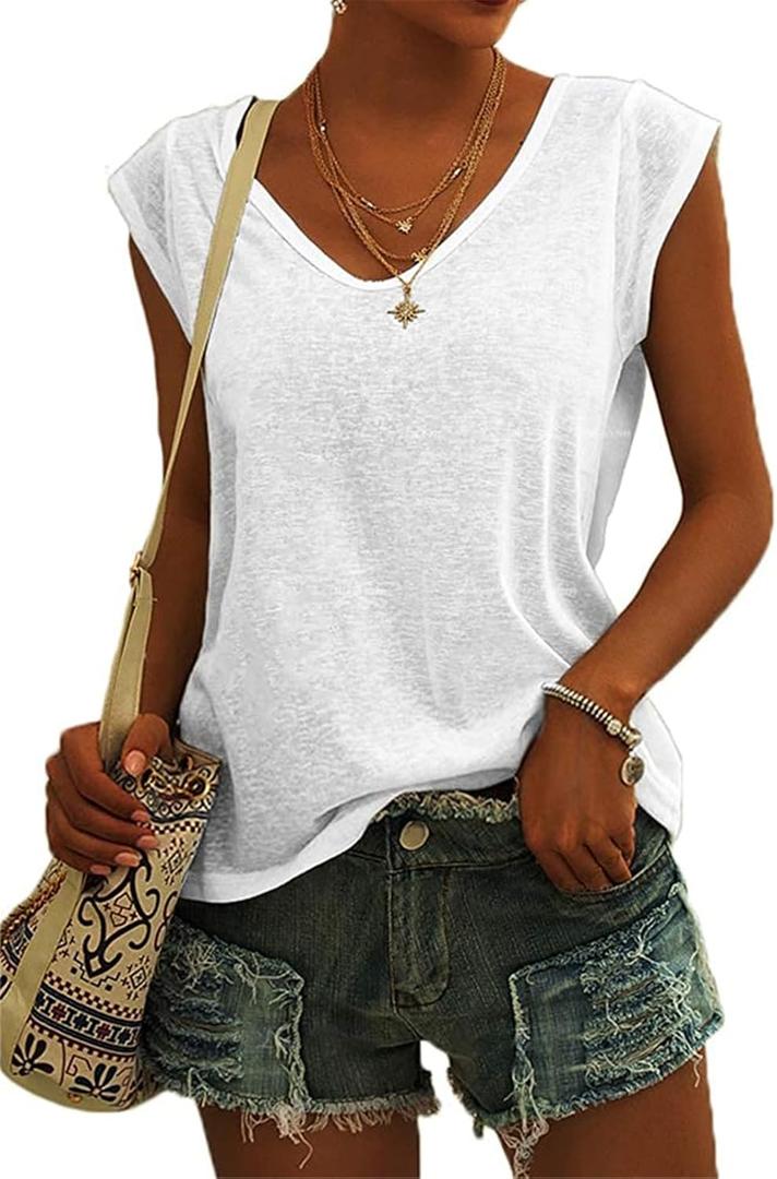 Womens Cap Sleeve T Shirts V Neck Casual Tops Oversized T-Shirt Summer Trendy Lightweight Loose Fit Basic Tees (White, M)