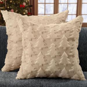 DFXSZ Christmas Pillow Covers 18x18 inch Set of 2 Beige Christmas Tree Decoration Soft Plush Faux Fur Jacquard Throw Pillows for Bedroom Sofa Holiday Festivals Winter Home Decor PTK070C18