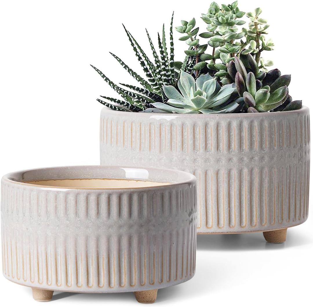 LE TAUCI Succulent Pots, 6.5+8 Inch Ceramic Indoor Plant Pot with Drainage Hole, Shallow Round Succulent Planters, Set of 2, Reactive Glaze Star White, 8x8x5 Inches