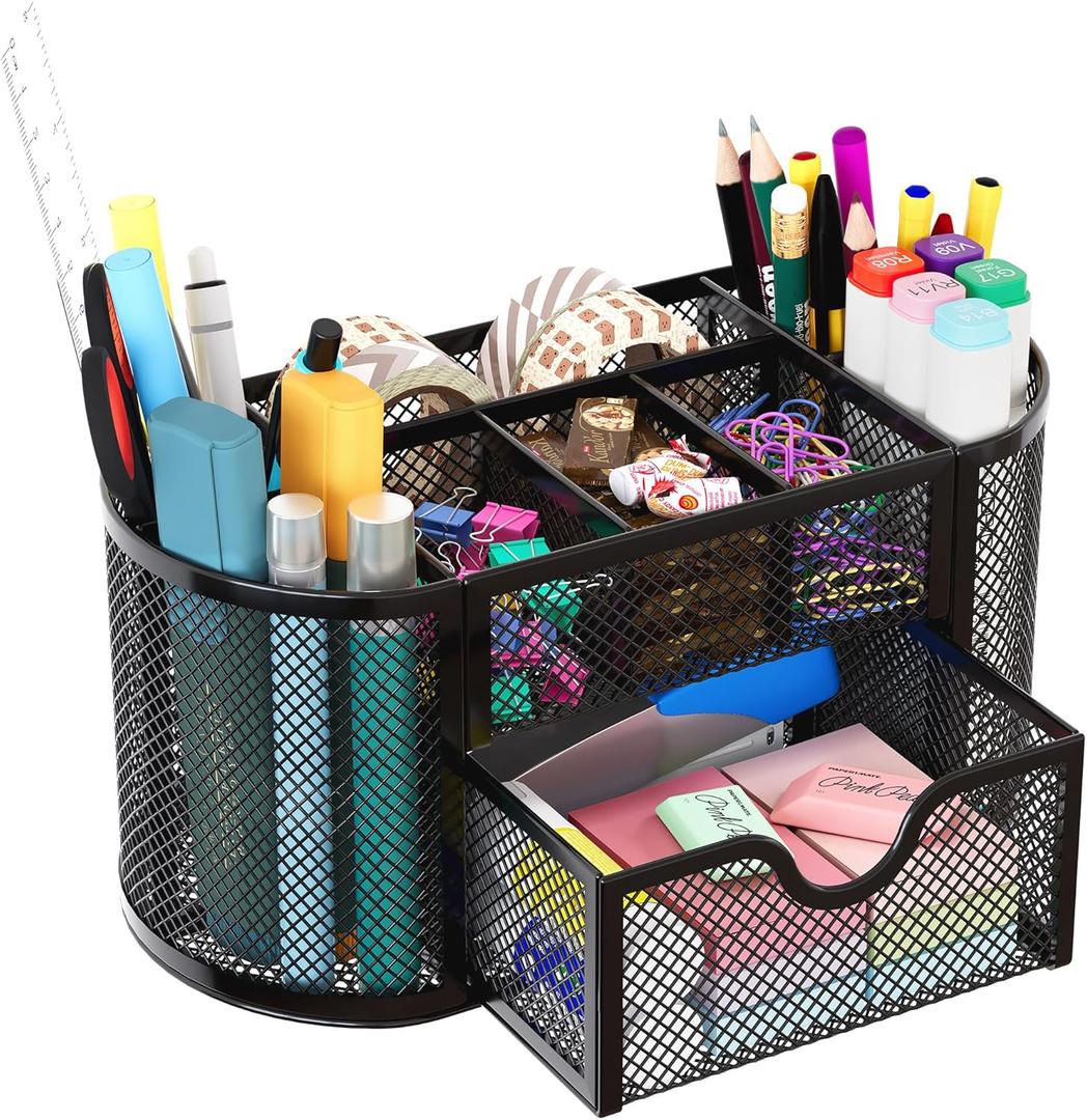 EasyPAG Mesh Desk Organizer, Multi-functional Stationery Organizer for School Supplies, Office Pen Holder for Desk, 9 Compartments Dorm Organization with Drawer, Black