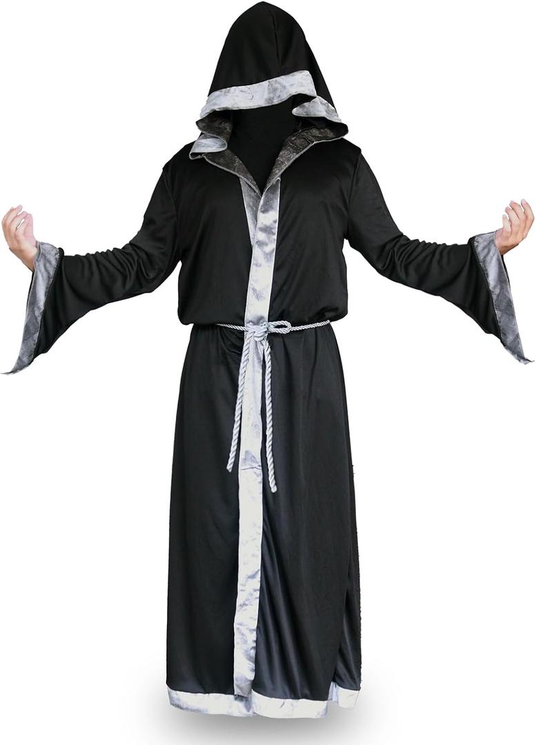 Men Wizard Robe with Hood Wizard Costume Black Cloak with Belt for Halloween Costumes (Small)
