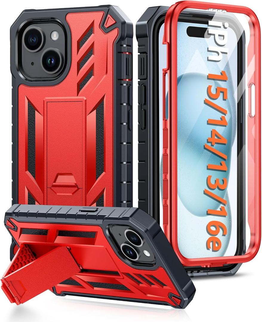 FNTCASE for iPhone 15 Case: for iPhone 14 Case & iPhone 13 Case [Built-in Screen Protector & Kickstand] [Military Grade Drop Protection] Heavy Duty Full Protective Shockproof TPU Phone Cover - Red