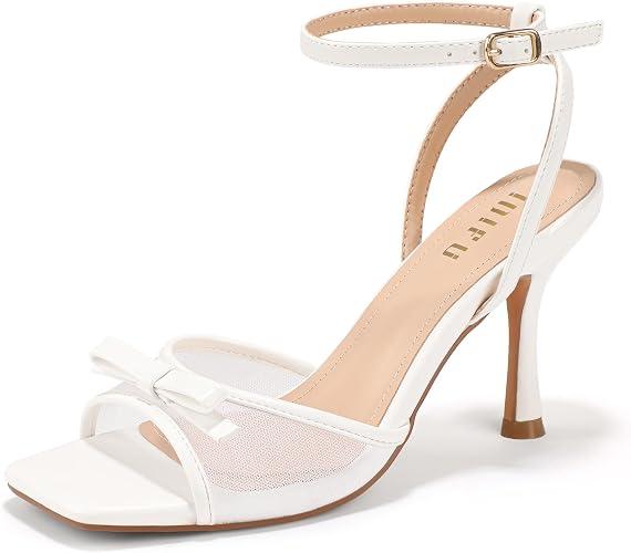IDIFU White Kitten Heels Square Toe Mesh Bow Heels Open Toe Ankle Strap Dress Sandals for Women Causal Comfortable Work Dressy Shoes Cute Homecoming Wedding Bridal Heeled Sandals(White Pu, 5)