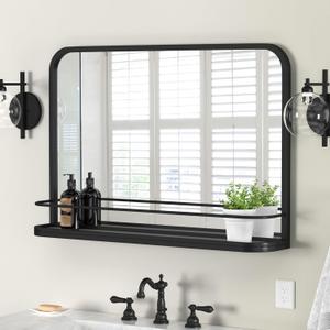 Large Bathroom Mirror with Shelf, Matte Black Modern Farmhouse Bathroom Vanity Mirror for Wall, Rectangle Metal Framed Wall Mirror for Bathroom Living Room,Entryway 31.5" x 21.6" (31.5"L x 21.6"W)