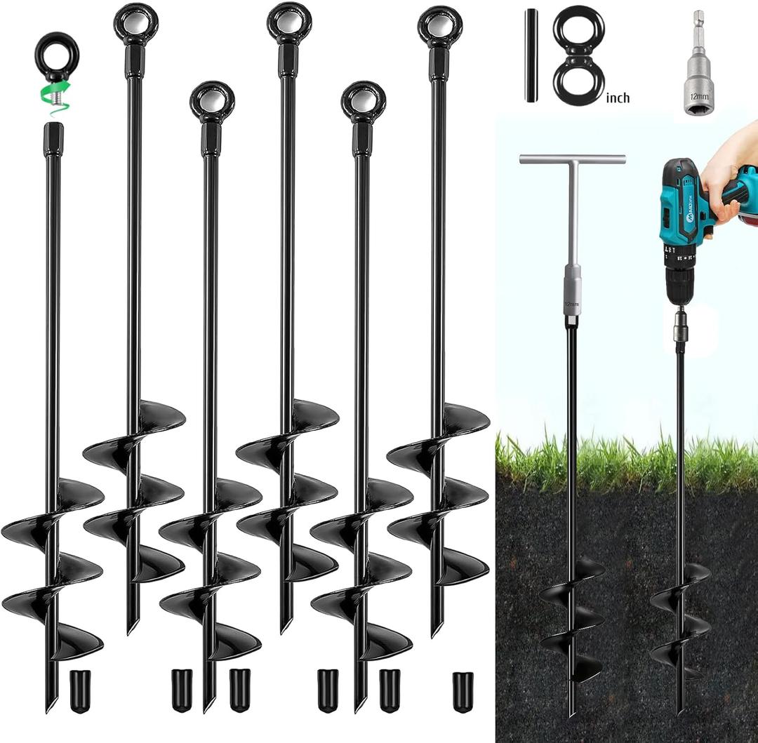 Ground Anchors Screw in, 18 Inch Heavy Duty Swing Set Ground Anchor Kit 6 Pack, Spiral Earth Trampoline Stakes High Wind Metal Auger Stakes for Dog Sheds Tent Carports Camping (Black)