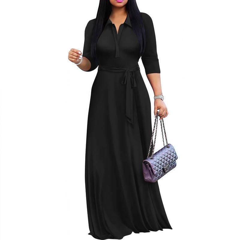 MarryUP Maxi Dresses for Women Casual V Neck 3/4 Sleeve Long Church Dress Semi Formal Outfits with Pockets (Black, Medium