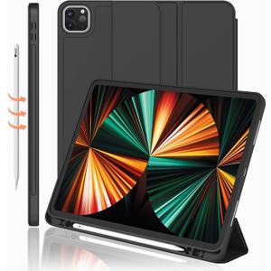 iPad Pro 12.9 Inch Case 2022/2021/2020 (6th/5th/4th Gen) with Pencil Holder [Support iPad 2nd Pencil Charging/Pair],Trifold Stand Smart Case with Soft TPU Back,Auto Wake/Sleep(Black)