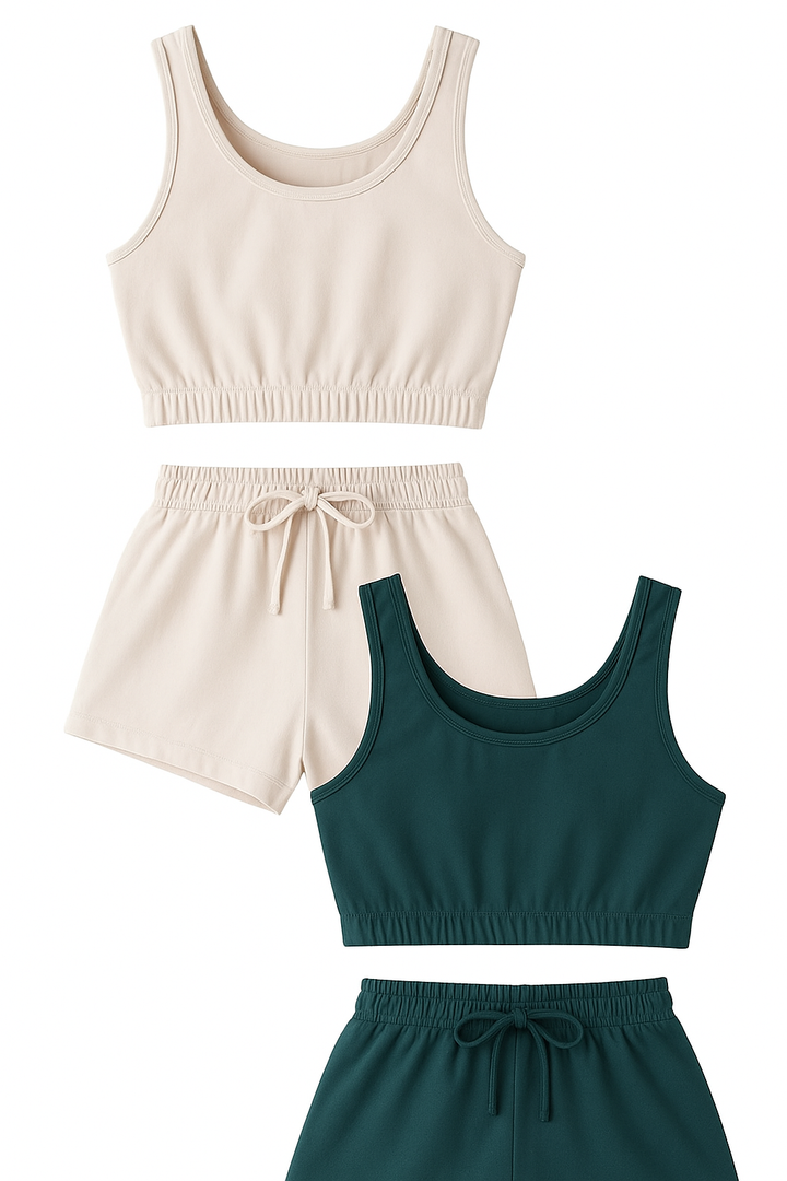 GORGLITTER Summer Outfits for Women 2025 Vacation Beach 4 Pieces Crop Tank Top and Shorts Matching Sets Size Medium, Blue/Beige 