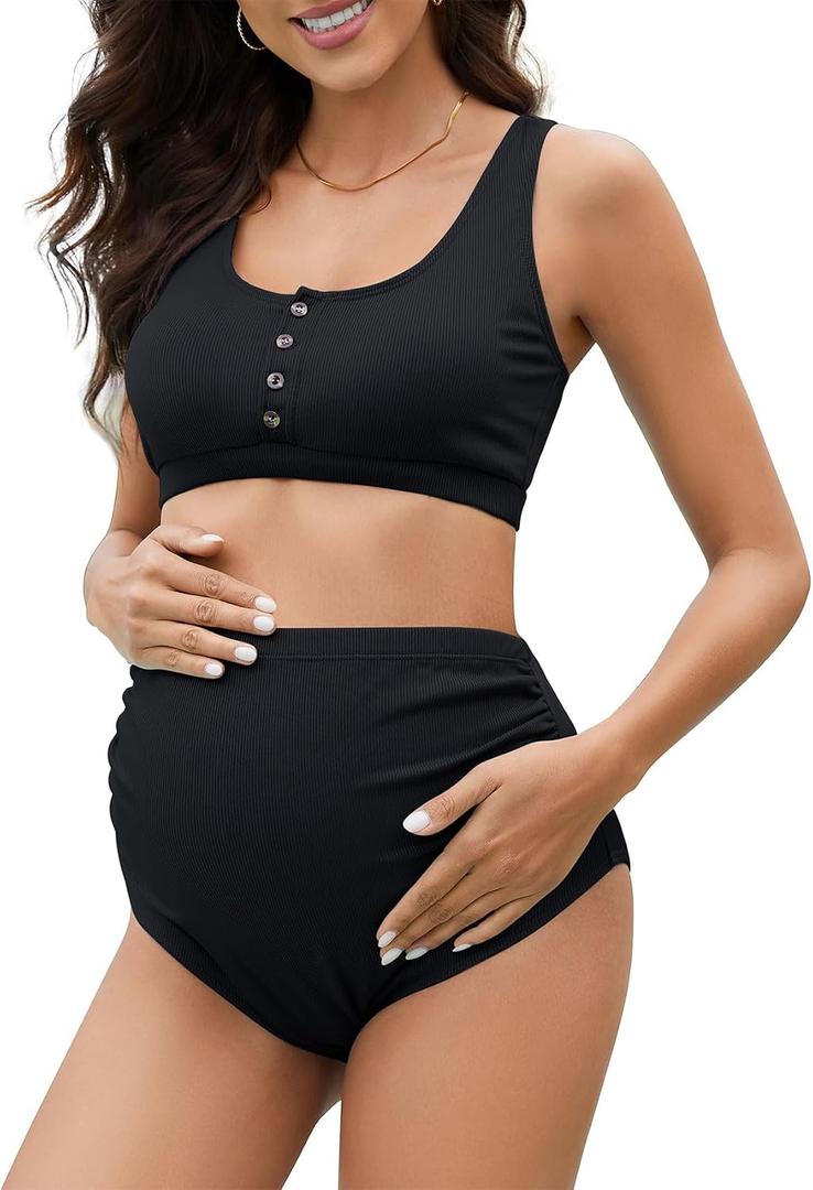 Zando High Waist Maternity Swimsuit Two Piece Pregnancy Swimwear Bikini Bathing Suits for Women Maternity Swimsuits (Black, L)