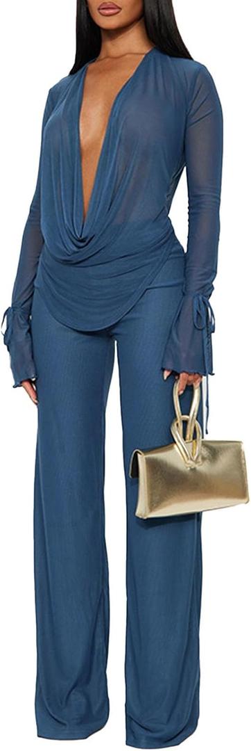 Women's Sexy 2 Piece Outfits Mesh See Through Deep V Neck Top and Long Pants Set Going Out Club Outfit (Medium, Blue)