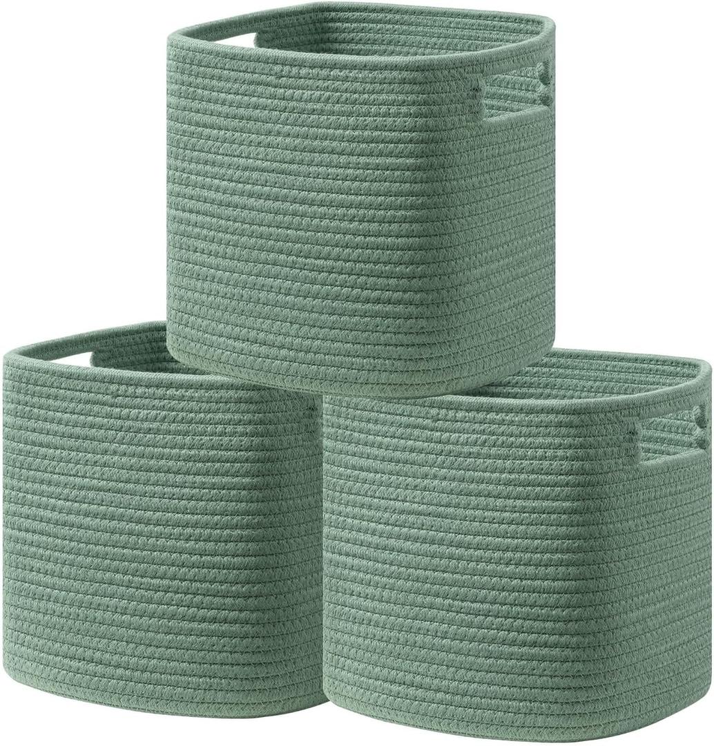 UBBCARE Set of 3 Cotton Rope Basket 13 X 13 X 13 Inches, Woven Storage Baskets for Shelves, Organizing with Handles, Cube Storage Bins for Storage Books, Magazines, Green
