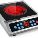 Dual Coils Design of Stainless Steel Single Burner Electric Cooktop, 1800W Commercial Ceramic Infrared Cooking Hot Plate, Portable Countertop Radiant Stove Top Cooker with WATT and TEMP Control