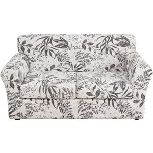 FUANGUI 3 Piece Stretch Sofa Couch Covers for 2 Cushion, Printed Sofa Loveseat Slipcover with 2 Separate Cushion Cover, Floral Washable Slip Covers Furniture Protector (Loveseat, Ink Leaf) (Medium)