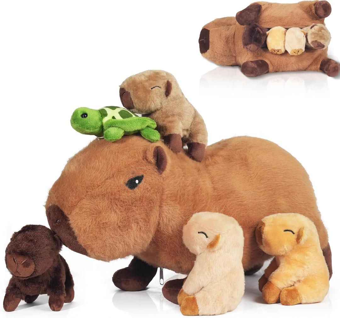 5 in 1 Capybara Plush, 14.2" Capybara Stuffed Animal with Babies Inside, Mommy Stuffed Capybara Plushies Pillow Toys with 4 Baby Capibaras Peluches for Kids Christmas Birthday Gifts Party Favors