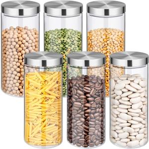 6 Pcs 68oz Clear Glass Canister Set with Stainless Steel Lids, Food Storage Containers for Kitchen & Pantry Storage, Dry Foods Including Flour Sugar Coffee Rice Tea Spices Herbs