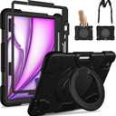 Andnary Case for iPad Air 11 inch Case M4/M3/M2 (2026/2025/2024), Heavy Duty Shockproof Cover with Screen Protector, 360 Rotating Stand, Pencil Holder, Shoulder Strap (Black)
