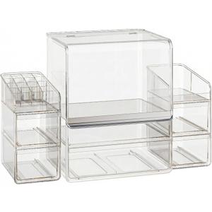 Makeup Organizer for Vanity With Lid, Stackable Cosmetics Organizer and Storage,Dustproof Clear Acrylic Makeup Organizer (Large + Drawer box + Lipstick Organizer) (Upgraded version)