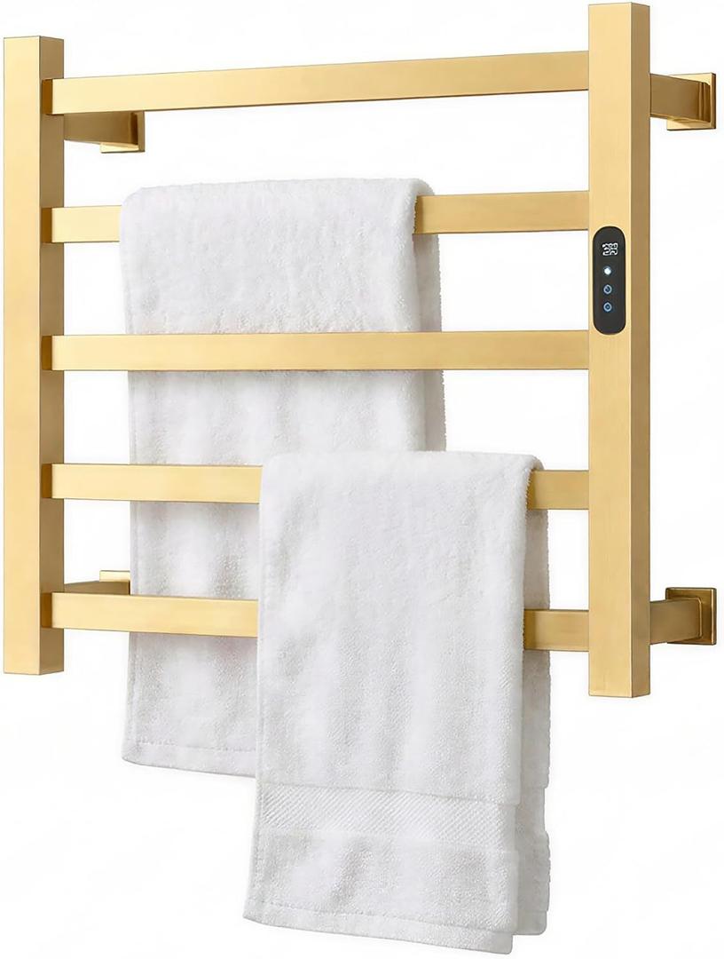 Luxury Gold Towel Warmer Rack for Bathroom, Wall Mounted Electric Heated Towel Rack with Timer & Fahrenheit Temperature Control, 5 Bar Stainless Steel Towel Heater for Bathroom(Brushed Gold)