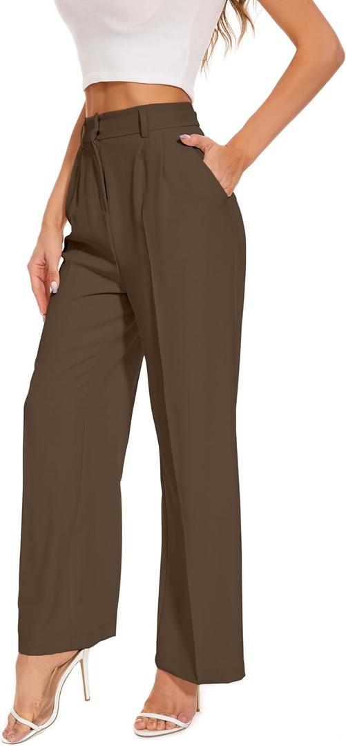 FUNYYZO Wide Leg Pants Women's High Elastic Waisted in The Back Business Work Trousers Long Straight Suit Pants (006# Dark Brown (Thin) Large