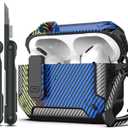 RFUNGUANGO for AirPods Pro Case Cover with Cleaner Kit, Military Hard Shell Protective Armor with Lock for AirPod Pro Charging Case, Front LED Visible, Carbon Fiber Blue
