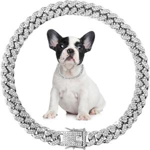Silver Necklace for Dogs,Cuban Link Dog Collar,Dog Chain Collars,Diamond Metal Bling Choke, 13mm Wide Pet Jewelry for Puppy Small Medium Large Dogs Cats (10inch)