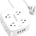 10 Ft Surge Protector Power Strip - YISHU 3 Side Outlet Extender with 8 Widely AC Outlets and 4 USB Ports, 10 Feet Extension Cord with Flat Plug, Wall Mount Desk USB Charging Station, ETL,White