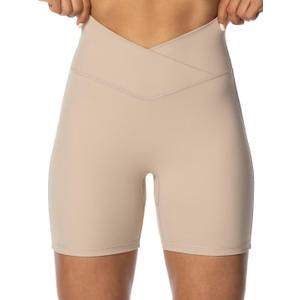 Sunzel Crossover Biker Shorts for Women, No Front Seam V High Waist Yoga Workout Gym Shorts with Tummy Control (Small, Beige)