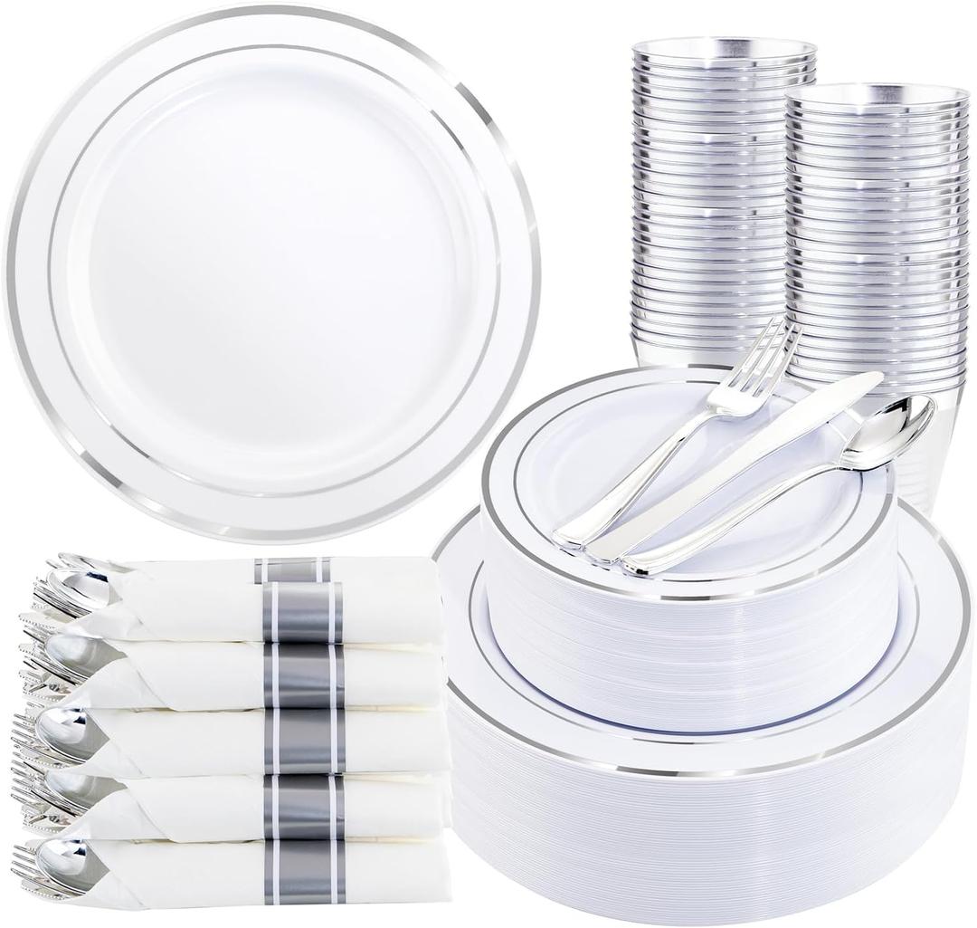 WDF Partyware 350Piece Silver Plastic Dinnerware Set for 50 Guests - Silver Plastic Plates with Cutlery Include:50Dinner Plates-50Dessert Plates-50Pre Rolled Napkins with Silverware Party Wedding
