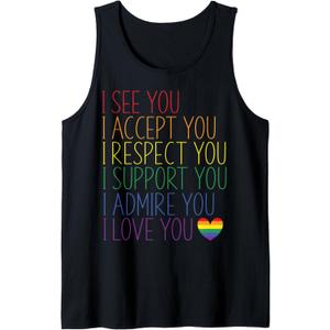 I See Accept Respect Support Admire Love You LGBTQ Pride Tank Top (Small, Black)